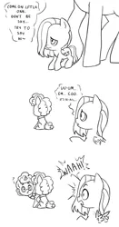 Size: 800x1528 | Tagged: safe, artist:pikokko, derpibooru import, fluttershy, oc, oc:marshall (marshmallow), oc:pickaxe, oc:sound wave, earth pony, pegasus, pony, unicorn, colt, femboy, hair over one eye, male, monochrome, offspring, parent:bulk biceps, parent:fluttershy, parent:pinkie pie, parent:pokey pierce, parents:flutterbulk, parents:pokeypie, simple background, twins, white background