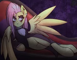 Size: 1184x920 | Tagged: safe, artist:rune-blad3, deleted from derpibooru, derpibooru import, fluttershy, pegasus, pony, fake it 'til you make it, clothes, couch, draw me like one of your french girls, dress, ear piercing, earring, edgy, fluttergoth, goth, gothic, jewelry, piercing, side, spread wings, wings