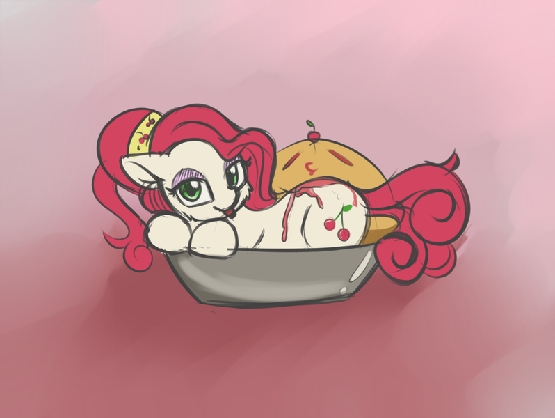 Size: 1201x903 | Tagged: safe, artist:dusthiel, derpibooru import, cherry jubilee, earth pony, pony, cherry pie (food), female, food, looking at you, mare, pie, piercing, solo, tongue out