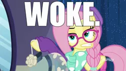 Size: 1920x1080 | Tagged: alternate hairstyle, caption, derpibooru import, edit, edited screencap, fake it 'til you make it, fluttershy, hipstershy, image macro, meme, safe, screencap, solo, text, woke