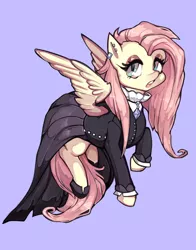 Size: 600x764 | Tagged: safe, artist:misukitty, derpibooru import, fluttershy, pegasus, pony, fake it 'til you make it, female, fluttergoth, mare, purple background, simple background, solo