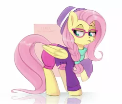 Size: 1500x1286 | Tagged: safe, artist:shmel, derpibooru import, fluttershy, pegasus, pony, fake it 'til you make it, alternate hairstyle, clothes, female, glasses, hipstershy, hot pants, mare, simple background, solo, white background