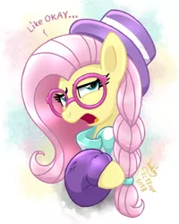 Size: 1000x1250 | Tagged: alternate hairstyle, artist:joakaha, clothes, derpibooru import, dialogue, fake it 'til you make it, fluttershy, glasses, gradient background, hipster, hipstershy, open mouth, safe, scarf, signature, solo