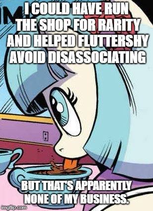 Size: 309x425 | Tagged: safe, derpibooru import, idw, coco pommel, earth pony, pony, fake it 'til you make it, bomb ass tea, caption, drinking, female, image macro, lapping, mare, meme, op is wrong, solo, text, tongue out
