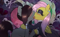 Size: 4962x3035 | Tagged: suggestive, artist:rune-blad3, artist:wolfsam, derpibooru import, fluttershy, oc, oc:sangria, earth pony, pegasus, pony, fake it 'til you make it, blushing, canon x oc, female, fluttergoth, french kiss, goth, gothic, hoof hold, kissing, lesbian, mare, mare on mare, shipping, skull, tongue out, tongue play