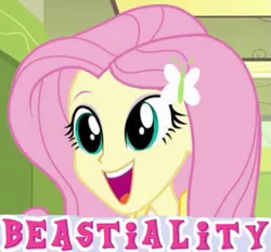 Size: 833x774 | Tagged: suggestive, derpibooru import, edit, edited screencap, screencap, fluttershy, equestria girls, equestria girls (movie), bestiality, bust, caption, cropped, cute, expand dong, exploitable meme, female, flutterzoo, image macro, interspecies, meme, misspelling, open mouth, portrait, shyabetes, smiling, solo, solo female, text