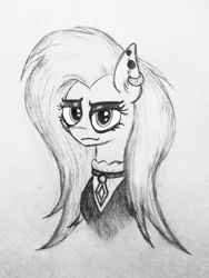 Size: 2448x3264 | Tagged: safe, artist:insanus.ad, derpibooru import, fluttershy, ghost, pegasus, pony, undead, fake it 'til you make it, black and white, dark, ear piercing, earring, eyeshadow, fluttergoth, goth, grayscale, jewelry, makeup, metal, metalhead, monochrome, necklace, outfit, piercing, solo