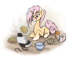 Size: 945x785 | Tagged: safe, artist:saveblacksheep, derpibooru import, oc, oc:wafuru, unofficial characters only, unicorn, coat markings, cooking, cutie mark, egg (food), food, simple background, sitting, solo, tongue out, waffle, waffle iron, white background