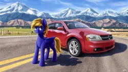 Size: 4551x2560 | Tagged: safe, artist:syntaxartz, derpibooru import, oc, oc:cloud quake, unofficial characters only, pegasus, pony, car, dodge (car), dodge avenger, highway, road, scenery, solo