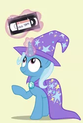 Size: 811x1200 | Tagged: safe, artist:pixelkitties, derpibooru import, trixie, unicorn, cape, clothes, hat, implied watersports, levitation, magic, simple background, solo, telekinesis, trixie's cape, trixie's hat, vhs, video tape
