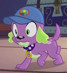 Size: 338x367 | Tagged: safe, derpibooru import, screencap, spike, spike the regular dog, dog, equestria girls, legend of everfree, camp everfree logo, cap, cropped, hat, male, paws, solo, spike's dog collar