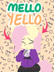 Size: 600x800 | Tagged: safe, artist:dragonpone, derpibooru import, fluttershy, pegasus, pony, '90s, blush sticker, blushing, cd, clothes, cute, eyes closed, female, hoodie, mare, mello yello, nsync, skirt, smiling, solo