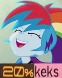 Size: 280x354 | Tagged: safe, derpibooru import, edit, edited screencap, screencap, rainbow dash, equestria girls, friendship through the ages, 20% cooler, 200% mad, and that's terrible, caption, clothes, cropped, expand dong, exploitable meme, forty keks, image macro, jacket, kek, laughing, lex luthor, meme, smiling, solo, text