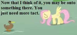 Size: 351x162 | Tagged: safe, derpibooru import, edit, edited screencap, screencap, fluttershy, bird, duck, pegasus, pony, griffon the brush off, cropped, duo, female, mare, op has a point (reaction image), reaction image, text