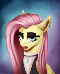 Size: 1024x1272 | Tagged: safe, artist:equestrian-downfall, derpibooru import, fluttershy, pegasus, pony, fake it 'til you make it, alternate hairstyle, clothes, ear piercing, earring, eyeshadow, female, fluttergoth, goth, jewelry, lidded eyes, makeup, mare, piercing, solo