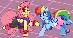 Size: 3955x2080 | Tagged: safe, artist:graphene, derpibooru import, fluttershy, rainbow dash, pegasus, pony, 80's fashion, clothes, cute, dashabetes, female, mare, olivia newton-john, shyabetes, smiling, workout outfit