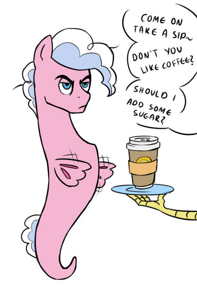 Size: 732x1094 | Tagged: annoyed, artist:pikokko, coffee, coffee cup, cup, derpibooru import, disembodied hand, hand, implied discord, male, oc, oc:marshall (marshmallow), offscreen character, offspring, parent:pinkie pie, parent:pokey pierce, parents:pokeypie, safe, sea pony, simple background, solo focus, species swap, speech bubble, white background