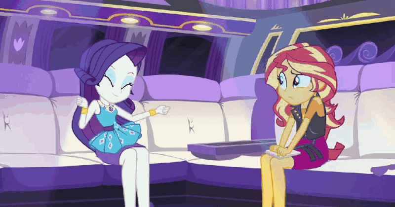 Size: 810x425 | Tagged: safe, derpibooru import, screencap, rarity, sunset shimmer, driving miss shimmer, equestria girls, equestria girls series, ^^, amber skin, and then there's rarity, animated, belt buckle, blue eyeshadow, bracelet, clothes, confused, cute, cutie mark, cutie mark on clothes, cyan eyes, dancing, dancity, driving miss shimmer: rarity, duo, duo female, eyes closed, female, frilly design, geode of empathy, geode of shielding, gif, gold, image, jewelry, leather vest, legs, limousine, magical geodes, necklace, notepad, party animal, pencil skirt, pendant, purple hair, raribetes, red hair, shoulderless shirt, sitting, skirt, sleeveless, sleeveless tank top, spikes, spotlight, white skin, yellow streaks