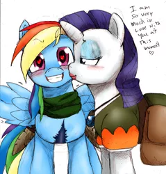 Size: 1292x1350 | Tagged: safe, artist:blackbewhite2k7, artist:pockystix, derpibooru import, rainbow dash, rarity, pony, arisen, blushing, clothes, crossover, dagger, dragon's dogma, female, flirting, kissing, lesbian, lipstick, madeleine, parody, raridash, scar, scarf, shipping, spread wings, weapon, wingboner, wings