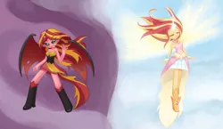 Size: 1719x1000 | Tagged: safe, artist:howxu, derpibooru import, sunset shimmer, equestria girls, equestria girls (movie), friendship games, clothes, daydream shimmer, dress, evil, eyes closed, good, smiling, sunset satan, sunset's conscience