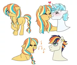 Size: 1024x869 | Tagged: artist:cascayd, blushing, couple, derpibooru import, female, kissing, magical lesbian spawn, male, oc, oc:angel dove, oc:orange blossom, oc:rockin rhyme, oc:rockin' rhyme, oc x oc, offspring, offspring shipping, parent:applejack, parent:coloratura, parent:prince blueblood, parents:bluetrix, parents:rarajack, parent:trixie, safe, shipping, simple background, straight, unofficial characters only, white background