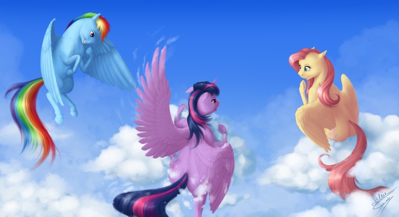 Size: 2280x1240 | Tagged: safe, artist:bluespaceling, derpibooru import, fluttershy, rainbow dash, twilight sparkle, twilight sparkle (alicorn), alicorn, pony, cloud, female, flying, mare, sky