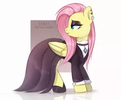 Size: 1600x1319 | Tagged: safe, artist:shmel, derpibooru import, fluttershy, pegasus, pony, fake it 'til you make it, clothes, ear piercing, earring, eyeshadow, female, fluttergoth, jewelry, makeup, mare, piercing, shoes, simple background, solo