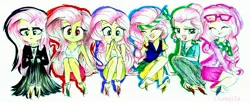 Size: 3771x1571 | Tagged: safe, artist:liaaqila, derpibooru import, fluttershy, bat pony, equestria girls, fake it 'til you make it, my little pony: the movie, alternate hairstyle, barefoot, bat ponified, clothes, cute, dress, eyes closed, eyeshadow, feather, feet, female, fetish, flutterbat, fluttergoth, foot fetish, glasses, hipstershy, laughing, makeup, multeity, open mouth, pirate fluttershy, race swap, severeshy, shorts, shyabates, shyabetes, simple background, skirt, tanktop, tickling, traditional art, valley girl, white background