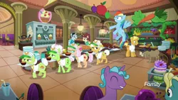 Size: 1920x1080 | Tagged: safe, derpibooru import, screencap, apple rose, auntie applesauce, bon appétit, cranky doodle donkey, fat stacks, goldie delicious, gourmand ramsay, granny smith, high roller, rainbow dash, shrimp cuisine, unnamed character, unnamed pony, donkey, earth pony, pegasus, pony, unicorn, grannies gone wild, background pony, discovery family logo, female, gold horseshoe gals, gordon ramsay, jamie oliver, julia child, las pegasus resident, male, mare, mouth hold, stallion