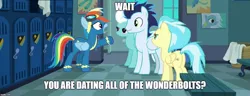 Size: 1306x500 | Tagged: safe, derpibooru import, edit, edited screencap, screencap, fleetfoot, misty fly, rainbow dash, soarin', pegasus, pony, grannies gone wild, clothes, female, goggles, locker room, male, mare, soarin' gets all the mares, stallion, uniform, wonderbolts uniform