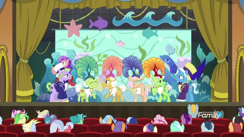 Size: 1920x1080 | Tagged: safe, derpibooru import, screencap, apple rose, auntie applesauce, big bucks, bon bon, frying pan (character), goldie delicious, granny smith, jack pot, lightning riff, lyra heartstrings, sweet buzz, sweetie drops, earth pony, pony, unicorn, grannies gone wild, background pony, discovery family logo, female, gold horseshoe gals, hat, las pegasus resident, magic show, male, mare, stage, stallion, top hat