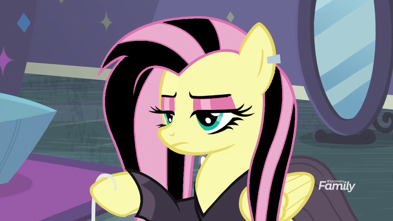 Size: 1280x720 | Tagged: clothes, derpibooru import, ear piercing, earring, edit, edited screencap, editor:grapefruitface, emoshy, fake it 'til you make it, fluttergoth, fluttershy, jewelry, mashup, piercing, safe, screencap, solo