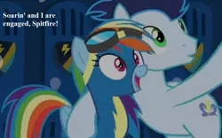 Size: 1000x625 | Tagged: safe, derpibooru import, edit, edited screencap, screencap, rainbow dash, soarin', pegasus, pony, grannies gone wild, clothes, cropped, duo, engagement, excited, female, goggles, happy, implied spitfire, locker, male, mare, offscreen character, shipping, soarindash, stallion, straight, text, uniform, wonderbolts uniform