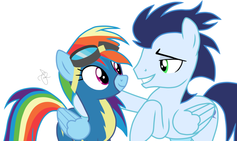 Size: 1814x1080 | Tagged: safe, artist:ilaria122, derpibooru import, rainbow dash, soarin', pegasus, pony, grannies gone wild, clothes, duo, female, goggles, male, mare, raised hoof, shipping, simple background, smiling, smirk, soarindash, stallion, straight, transparent background, uniform, wonderbolts uniform