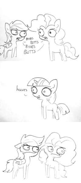 Size: 1920x4320 | Tagged: safe, artist:tjpones, derpibooru import, pinkie pie, rainbow dash, twilight sparkle, twilight sparkle (alicorn), alicorn, earth pony, pegasus, pony, unicorn, sparkles! the wonder horse!, argument, black and white, comic, dialogue, female, grayscale, lineart, mare, monochrome, simple background, traditional art, varying degrees of want, white background, why would you do that