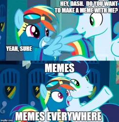 Size: 500x512 | Tagged: safe, derpibooru import, edit, edited screencap, editor:secrettitan, screencap, rainbow dash, soarin', pegasus, pony, grannies gone wild, breaking the fourth wall, clothes, comic, duo, female, goggles, locker room, male, mare, meme, meta, stallion, uniform, wonderbolts uniform, x x everywhere