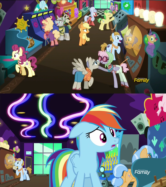 Size: 1920x2160 | Tagged: safe, derpibooru import, screencap, applejack, dusty swift, frying pan (character), home stretch, horseshoe comet, lock heart, opulence, pacifica, rainbow dash, saturn (character), silver waves, earth pony, pegasus, pony, grannies gone wild, viva las pegasus, arcade, background pony, comparison, cowboy hat, dance dance revolution, discovery family logo, duck shoot, female, frying pan, hat, las pegasus, las pegasus resident, male, mare, rhythm game, ring toss, sack toss, shopping bags, skeeball, stallion, tourist, waifu machine