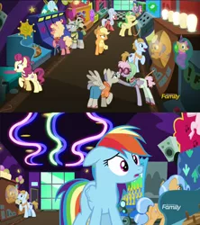 Size: 1920x2160 | Tagged: safe, derpibooru import, screencap, applejack, dusty swift, frying pan (character), home stretch, horseshoe comet, lock heart, opulence, pacifica, rainbow dash, saturn (character), silver waves, earth pony, pegasus, pony, grannies gone wild, viva las pegasus, arcade, background pony, comparison, cowboy hat, dance dance revolution, discovery family logo, duck shoot, female, frying pan, hat, las pegasus, las pegasus resident, male, mare, rhythm game, ring toss, sack toss, shopping bags, skeeball, stallion, tourist, waifu machine