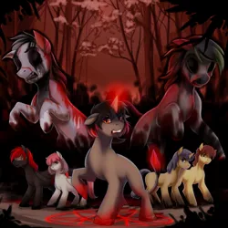 Size: 2248x2248 | Tagged: grimdark, alternate version, artist:tuwka, derpibooru import, oc, oc:abel, oc:ada, pony, unicorn, bandage, black sclera, blindfold, blood, colored hooves, cover art, d'lirium, game, glowing horn, horn, pentagram, raised hoof, rearing, slit eyes