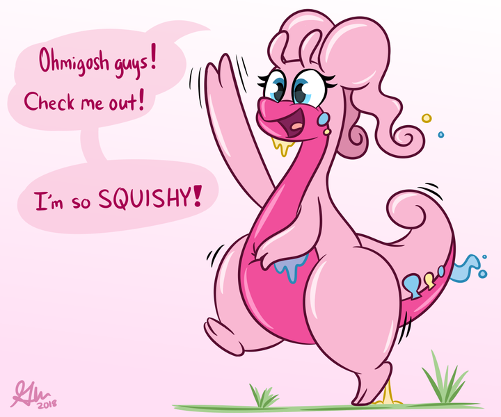 Size: 1200x1000 | Tagged: artist:glimglam, derpibooru import, dialogue, female, goodra, gradient background, open mouth, pink background, pinkie pie, pokefied, pokémon, safe, simple background, smiling, solo, species swap, squishy, waving