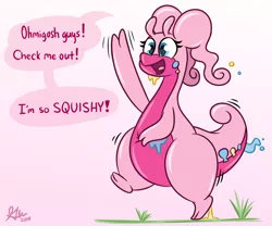 Size: 1200x1000 | Tagged: artist:glimglam, derpibooru import, dialogue, female, goodra, gradient background, open mouth, pink background, pinkie pie, pokefied, pokémon, safe, simple background, smiling, solo, species swap, squishy, waving