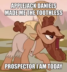 Size: 609x652 | Tagged: safe, derpibooru import, edit, edited screencap, screencap, grub hooffield, earth pony, pony, the hooffields and mccolts, applejack daniel's, beard, caption, clothes, cropped, facial hair, hat, hooffield family, image macro, male, meme, solo, stallion, text