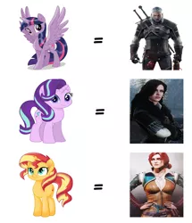 Size: 1550x1800 | Tagged: alicorn, comparison, derpibooru import, geralt of rivia, safe, starlight glimmer, sunset shimmer, the witcher, triss merigold, twilight sparkle, twilight sparkle (alicorn), yennefer of vengerberg