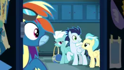 Size: 1920x1080 | Tagged: safe, derpibooru import, screencap, fleetfoot, misty fly, rainbow dash, soarin', pegasus, pony, grannies gone wild, clothes, duffle bag, female, goggles, male, mare, mouth hold, stallion, uniform, wonderbolts uniform