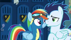 Size: 1920x1080 | Tagged: safe, derpibooru import, screencap, rainbow dash, soarin', pegasus, pony, grannies gone wild, clothes, duo, female, goggles, locker room, male, mare, raised hoof, stallion, uniform, wonderbolts uniform