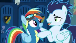 Size: 1920x1080 | Tagged: safe, derpibooru import, screencap, rainbow dash, soarin', pegasus, pony, grannies gone wild, clothes, duo, female, goggles, locker room, male, mare, out of context, stallion, tongue out, uniform, wonderbolts uniform