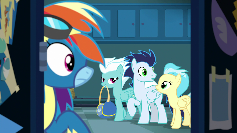 Size: 1920x1080 | Tagged: safe, derpibooru import, screencap, fleetfoot, misty fly, rainbow dash, soarin', pegasus, pony, grannies gone wild, bag, bedroom eyes, clothes, female, frown, goggles, grin, lidded eyes, lip bite, locker room, male, mare, mouth hold, raised hoof, smiling, stallion, surprised, uniform, wonderbolts uniform