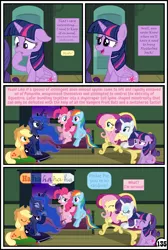 Size: 3254x4837 | Tagged: safe, artist:gutovi, derpibooru import, applejack, fluttershy, pinkie pie, princess luna, rainbow dash, rarity, twilight sparkle, twilight sparkle (alicorn), alicorn, earth pony, pegasus, pony, unicorn, comic:why me!?, bed, broken window, comic, couch, cushion, mane six, mare in the moon, moon, window