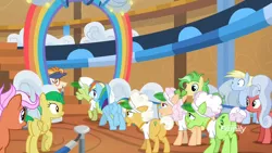 Size: 1200x675 | Tagged: safe, derpibooru import, screencap, apple rose, auntie applesauce, dave the intern, fiery fricket, goldie delicious, granny smith, lightning riff, rainbow dash, saturn (character), silver waves, wintergreen, earth pony, pegasus, pony, unicorn, grannies gone wild, background pony, butt, clothes, discovery family logo, elderly, female, gold horseshoe gals, las pegasus resident, male, mare, plot, shirt, stallion, t-shirt, visor, wild blue yonder
