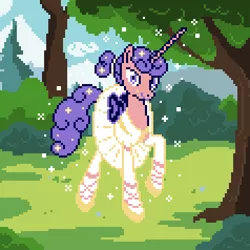 Size: 357x357 | Tagged: 8-bit, artist:uni-pon, boss, clothes, derpibooru import, female, forest, looking at you, nintendo entertainment system, oc, oc:quatrieme lé ballarines, pixel art, princess ballerina, raised leg, ribbon, safe, solo, tree, tutu, unofficial characters only